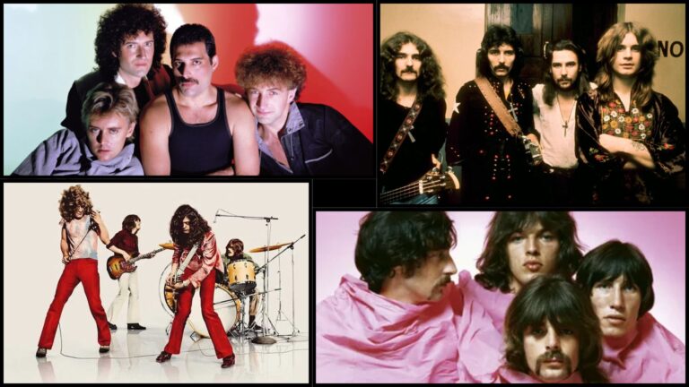 Les photo des membres des groupes Queen, Black Sabbath, Led zeppelin et Pink Floyd