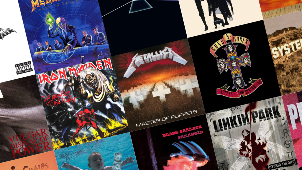 Images de plusieurs pochettes d'albums de rock et de métal