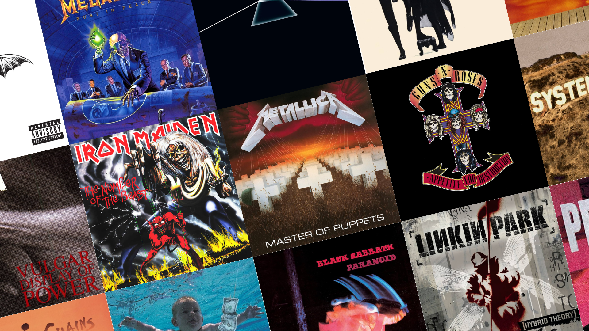 Images de plusieurs pochettes d'albums de rock et de métal