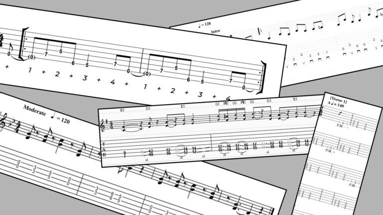 Image de plusieurs tablatures (partitions) de riffs de rock