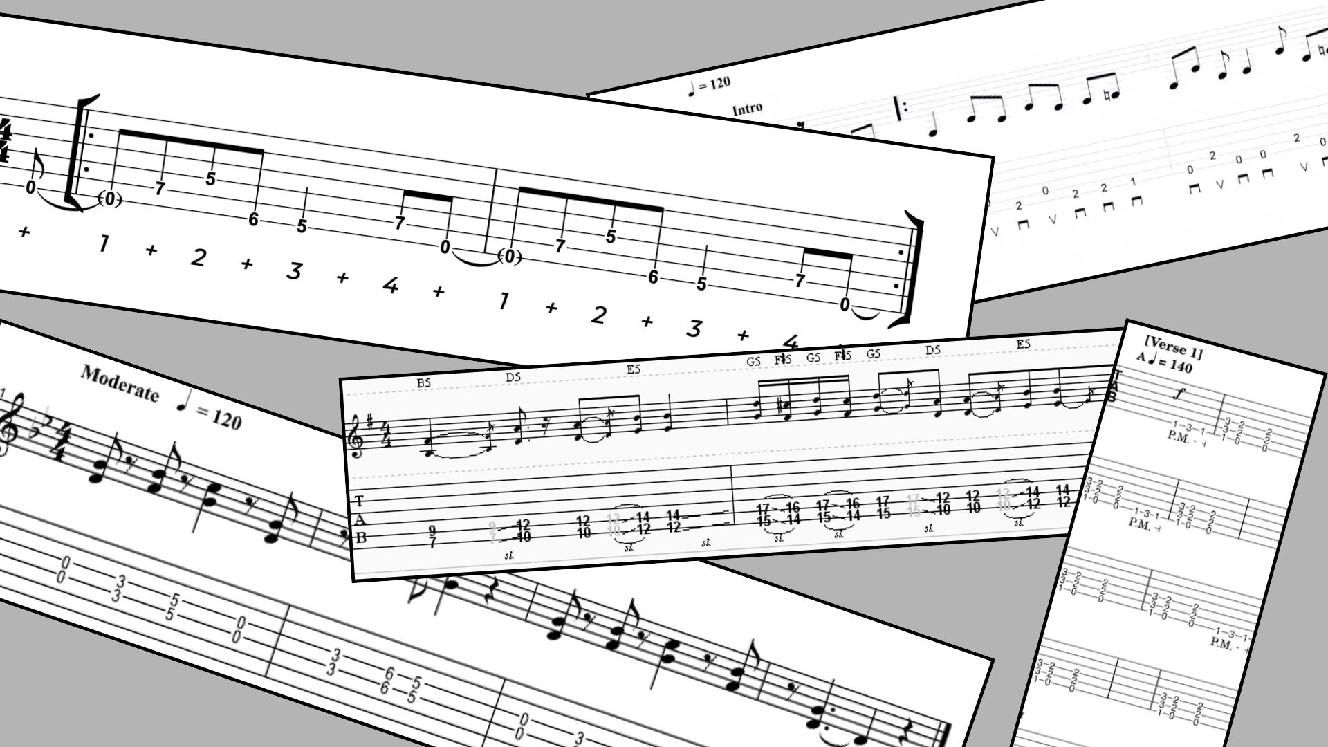 Image de plusieurs tablatures (partitions) de riffs de rock